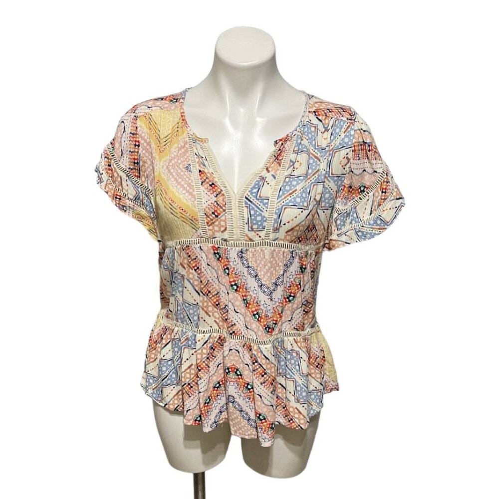 Maeve Anthropologie XS Mesa Split Neck Capped Sleeve Eyelet Printed Boho…